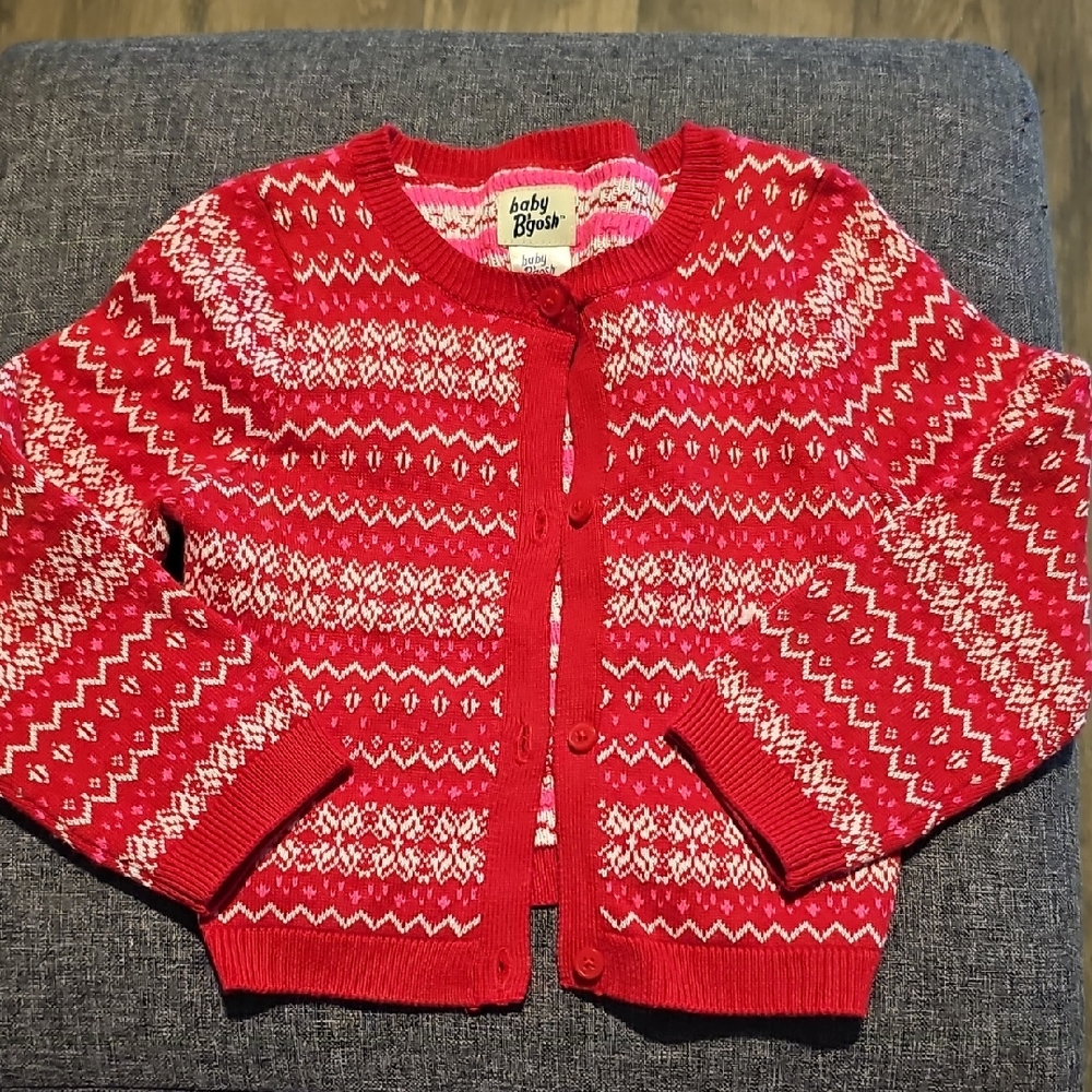 OshKosh B'gosh Red Pink White Knit Sweater Button Size 24 Months Toddler Girl